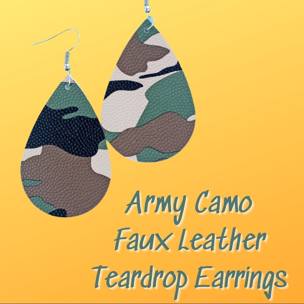 Olive Camo Faux Leather Teardrop Earrings Goldtone